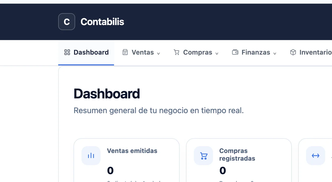 Dashboard real de CONTABILIS con ventas, compras, tesorería e inventario