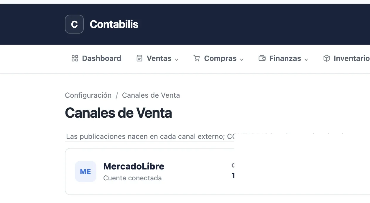 Pantalla real de integraciones y canales de venta en CONTABILIS