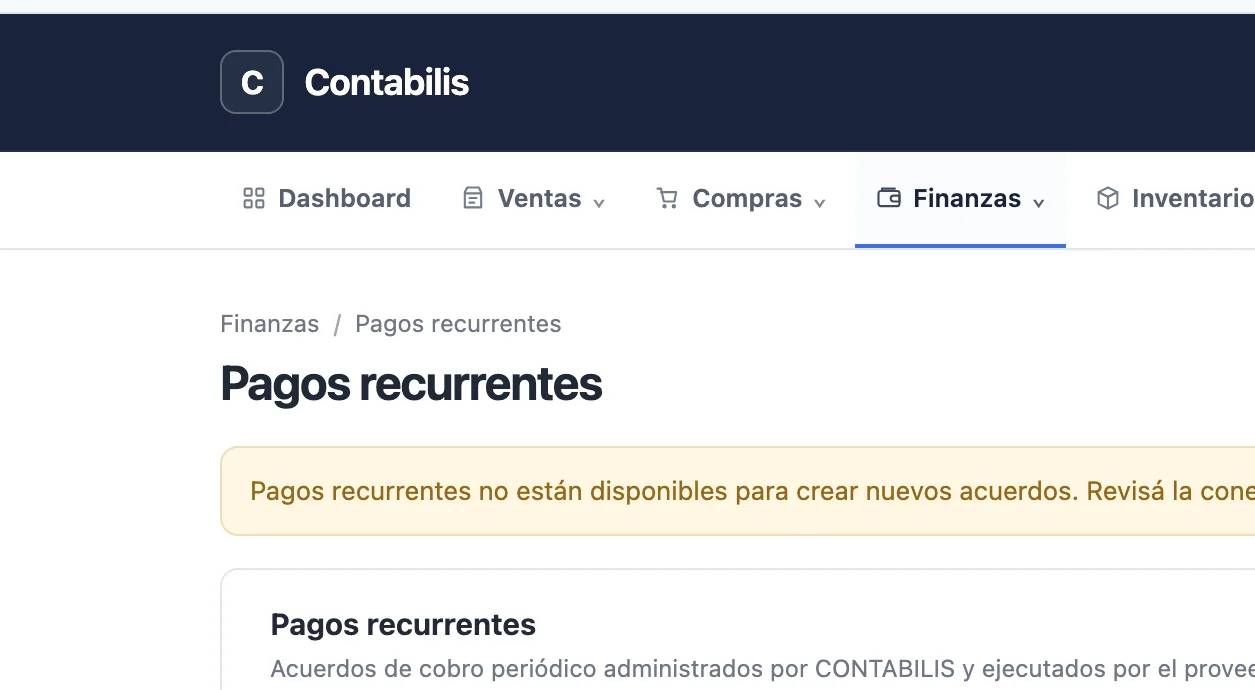 Pantalla de pagos recurrentes de CONTABILIS