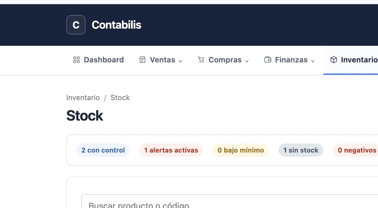 Pantalla real de stock e inventario de CONTABILIS con alertas y existencias